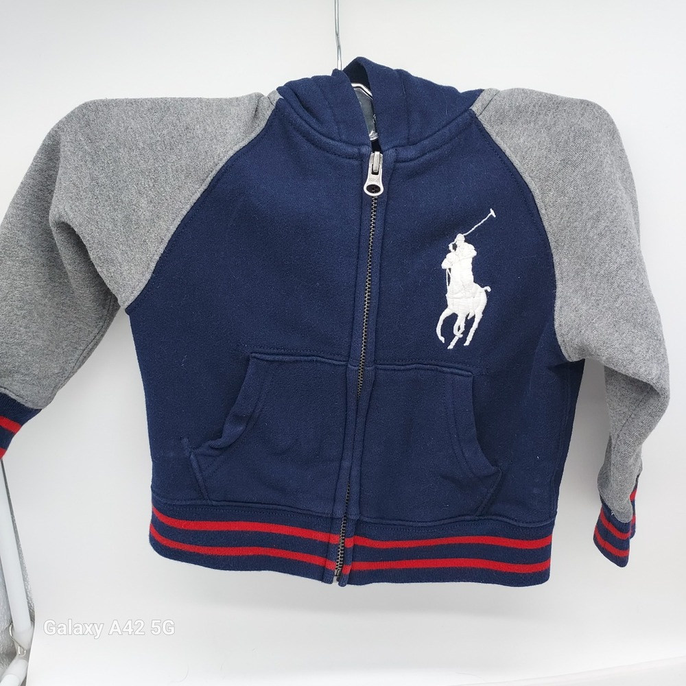 Polo Ralph Lauren Boys 2T Big Pony Full‎ Zip Hoodie Navy Gray Varsity Stripe